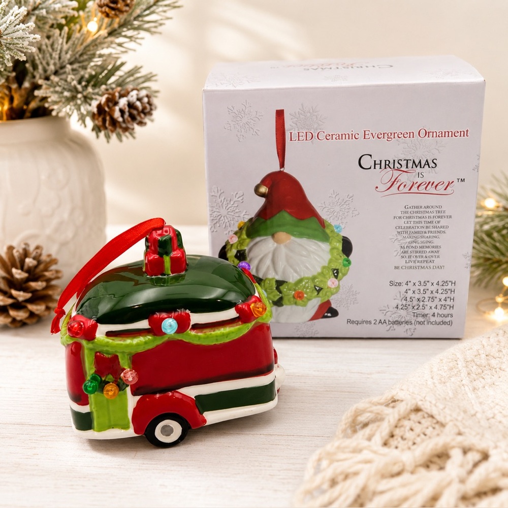 *New* LED Ceramic Christmas Camper Ornament (Timer/“On”/“Off” Feature)